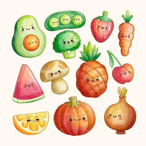 Food Art Drawing Cartoon, Fruit Illustration Cute, Fruits Cute Drawing, Food Characters Illustration, Cute Food Characters, Kawaii Fruit Drawing, Cartoon Fruit Drawing, Cute Fruit Art, Cute Fruits Drawings