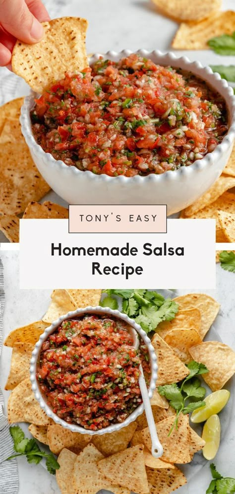 Tony's ridiculously easy homemade salsa recipe using fresh tomatoes with a kick of heat from jalapeño. This homemade salsa is bursting with flavor and comes together right in your blender or food processor! Make it chunky or smooth and serve it with chips, on nachos, in burritos and more. #salsa #vegan #vegetarian #healthyappetizer #healthysnack Simple Salsa Recipe, Homemade Chunky Salsa, Fresh Salsa Recipe Homemade, Easy Homemade Salsa Recipe, Using Fresh Tomatoes, Simple Salsa, Easy Homemade Salsa, Fresh Salsa Recipe, Easy Salsa Recipe