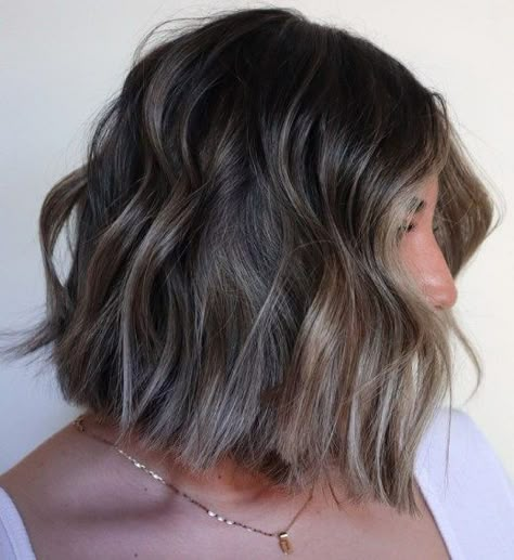 Brown Bob With Balayage, Short Cool Tone Brown Hair, Mushroom Brown Hair Color Balayage Short, Ashy Brown Bob, Balayage For Dark Brown Hair Ashy, Mushroom Brown Hair Color Short, Dark Bob With Highlights, Short Bob Hair Color Ideas, Mushroom Brown Bob