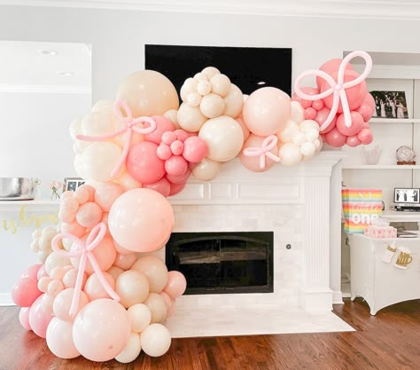 An adorable balloon garland perfect for a beautiful little princess! 🎀✨ This pink and nude balloon garland with charming balloon bow details is the perfect touch for a sweet birthday celebration fit for royalty. 🌸✨ Pink 2nd Birthday, Pink Bridal Shower Balloon Garland, Balloon Garland In Corner Of Room, Ballet Balloon Garland, First Birthday Garland, Light Pink And White Balloon Arch, Love Shack Fancy Balloon Garland, Balloon Bow Garland, Birthday Party Balloon Ideas