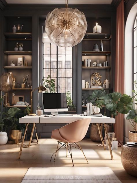 11 Home Office Decor Ideas to Copy Now Office Staging Ideas, French Inspired Office, Women’s Home Office Inspiration, Moody Feminine Office, Moody Feminine Home Office, Executive Office Design Female, Woman’s Office, Victorian Office Aesthetic, Women’s Home Office