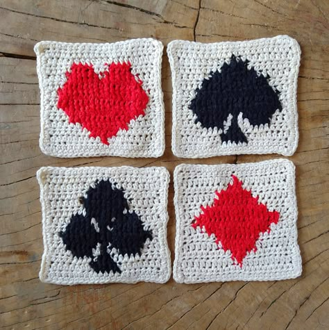 Crochet Patterns: 4 Playing Cards Squares, Crochet Square Motif, Heart, Diamond, Club, Spade, Crochet Applique, Backpack Patch, pdf pattern Crochet Patch Designs, Heart Motif Design, Crochet Spade, Heart Square Crochet Pattern, Crochet Patches, Playing Card Crafts, Crochet Diamond, Diamond Crochet, Motifs Granny Square