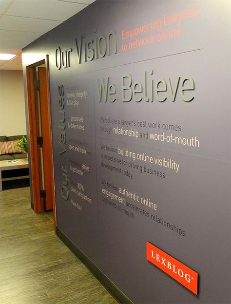 LexBlog, a legal social media networking company, needed a fresh look for their new downtown office space. Working with their vision and beliefs, we created a unique corporate environment that fit within their established brand.Using LexBlog's wide arra… Office Wall Graphics, Church Lobby, Office Wall Design, Training Room, Corporate Office Design, Grey Office, Staff Room, Office Branding, Church Interior