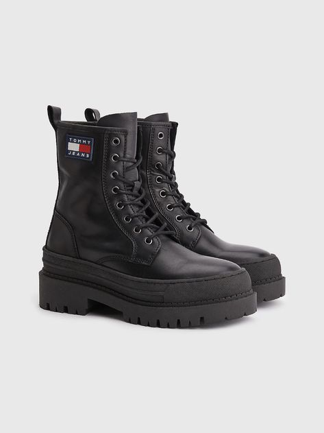 Leather Lace-Up Boots | BLACK | Tommy Hilfiger Tomy Hilfiger, Leather Boots Outfit, Womens Black Ankle Boots, Tommy Hilfiger Boots, Leather Lace Up Boots, Combat Boot, Chunky Boots, Tommy Hilfiger Women, Shawn Mendes