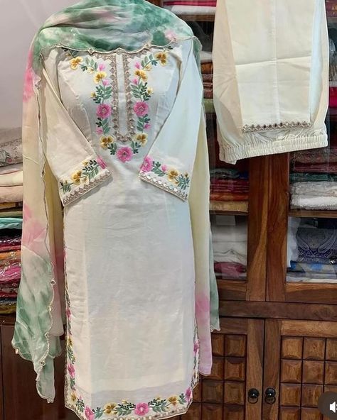 Off White Embroidery Suits, Cotton Party Wear Suits, Work Design For Suits, Embroidery Suits Design Machine, Off White Kurti Designs, Suit Embroidery Designs Punjabi, Machine Work Embroidery On Suits, Boutique Suits Embroidery, Trending Punjabi Suits