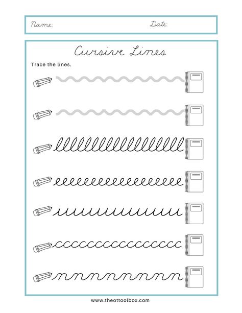 Cursive Prewriting Lines And Strokes, Beginner Cursive Worksheets, Cursive Name Practice Writing Worksheets, Cursive Writing For Beginners, Beginning Cursive Free Printable, Cursive Tracing Worksheets, Cursive For Beginners, Teaching Cursive Handwriting Kids, English Cursive Writing Practice