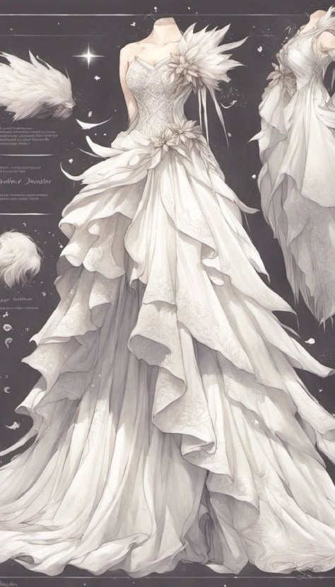 White Magical Dress, White Dress Anime Outfit, Swan Dress Drawing, White Fantasy Dress Drawing, White Dress Fantasy Art, White Dress Sketch, Fantasy Dress Design Drawing, Fantasy White Dress, White Masquerade Dress