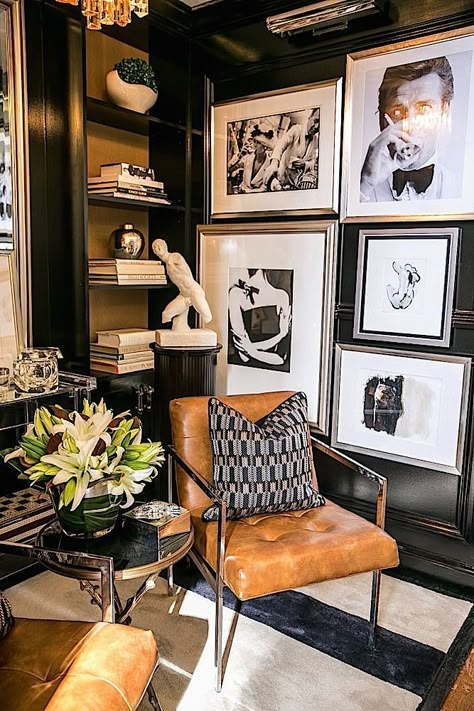 roughan-interiors-rooms-with-a-view-2016 - black walls Masculine Office Decor, Art On The Wall, Interior Design Per La Casa, Leather Chairs, White Living Room, White Living, Design Del Prodotto, Hotel Decor, Gallery Walls