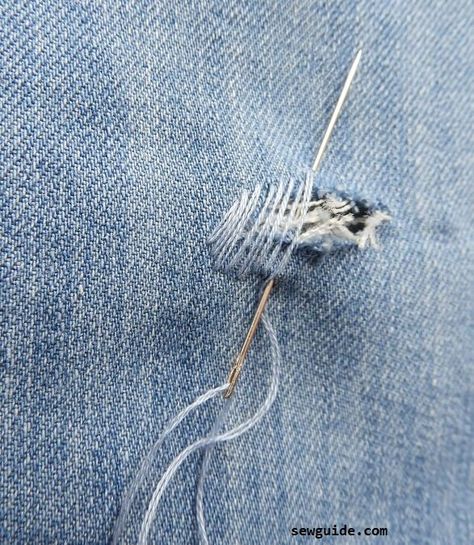 How to fix holes in Jeans : 10 ways to repair ripped & torn jeans - SewGuide Sewing A Hole In Jeans, Stitch Hole In Jeans, Mending A Hole In Jeans, Jean Holes Repair, Sew Hole In Jeans, Stitching Jeans Hole, How To Stitch Jeans Hole, Darning A Hole In Jeans, Repairing Jeans With Holes