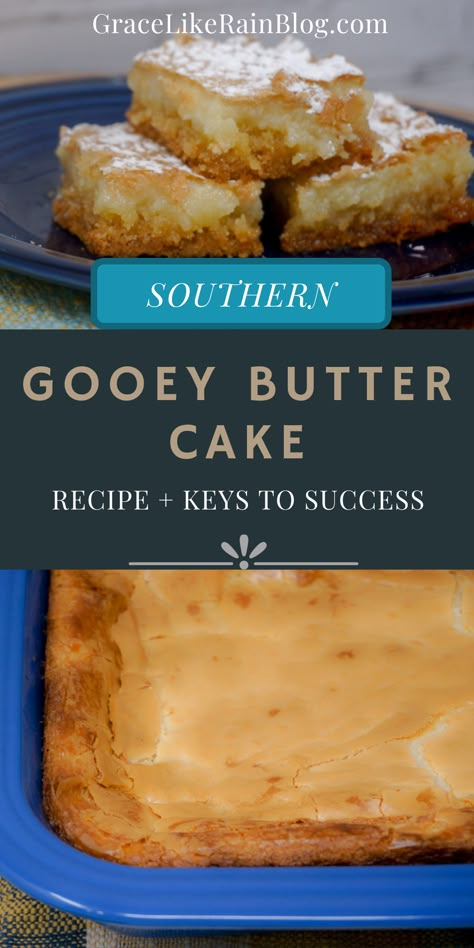 Gooey Butter Cake is a super easy two-layer bar dessert. It is so buttery and delicious with that flaky top and that ooey-gooey filling. This dessert is perfect for your next potluck! Gooey Butter Cake from a cake mix is an easy bar dessert that will knock your socks off. | Ooey Gooey Butter Cake | Butter Bars | Butter Cake Recipe | Paula Deen Butter Cake | Easy Brownies and Bars Recipes | Potluck Recipes Manly Food, Paula Deen Butter Cake, Recipes Potluck, Gooey Butter Cake Recipe, Quick Sweets, Butter Cake Bars, Ooey Gooey Cake, Easy Brownies, Cake Bars Recipe