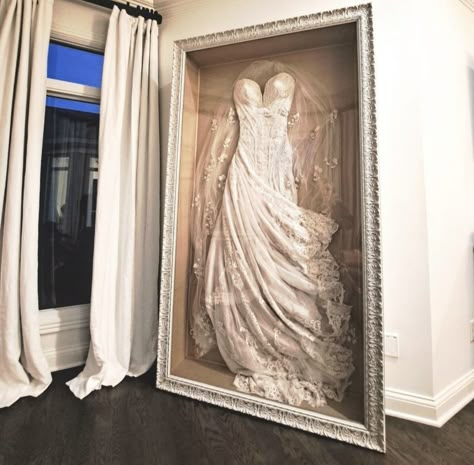 Wedding Dress Display Case, Framed Wedding Dress In Closet, Wedding Dress Framing, Preserved Wedding Dress, Diy Wedding Dress Shadow Box Display, Wedding Dress Box Display, Wedding Dress In Shadow Box Display, Wedding Veil Display Ideas, How To Display Wedding Dress