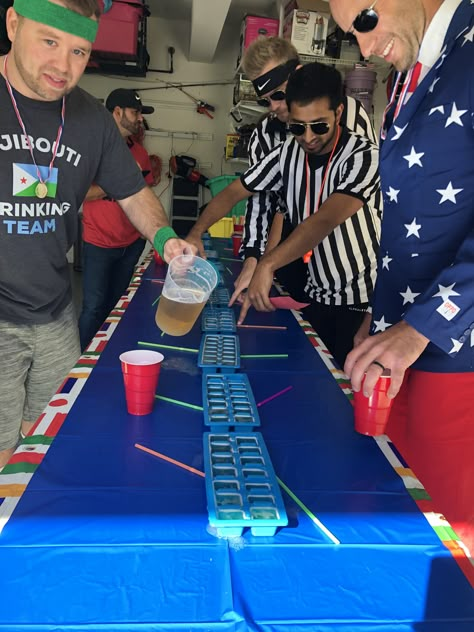 Using a straw, partners must drink all the beer from one cube before “hurdling” to the next. Beer Olympics Team Outfits, Beer Olympics Decor, Beer Olympics Decorations, Beer Olympic Themes, Beer Olympics Team Themes, Water Olympics, Beer Olympics Outfits, Beer Olympics Teams, Drunk Olympics