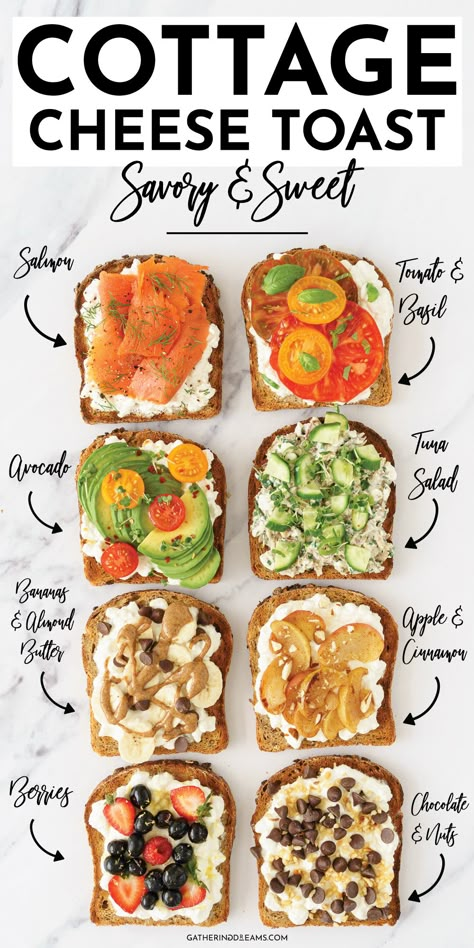 This cottage cheese toast is incredibly versatile. It’s the perfect way to start your day, a protein-packed snack or a quick 5-minute light dinner. Whether you’re craving a sweet or savory treat, you can switch out your toppings to suit you! Fruit, nuts, avocado, tomatoes? You name it, this toast nails it! Cottage Cheese Toast, Healthy High Protein Meals, Cottage Cheese Recipes, Resep Diet, Cheese Toast, High Protein Meals, Egg Muffins, High Protein Breakfast, Protein Meals