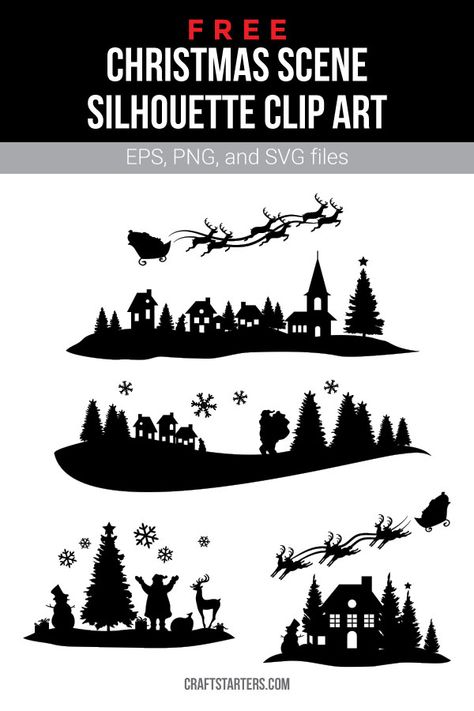 Cricut Christmas Silhouette, Free Christmas Scene Silhouette Clip Art, Cricut Christmas Silhouette Images, Winter Scene Silhouette, Christmas Tree Silhouette Templates Free Printable, Christmas Scene Svg Free, Silhouette Free Downloads, Christmas Scene Silhouette, Christmas Cricut Svg Free