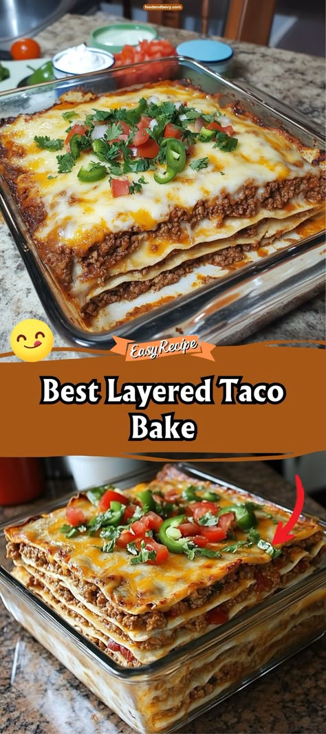 Layered Taco Bake Taco Bake Casserole With Tortillas Easy, Taco Night Ideas Ground Beef, Six Sisters Taco Casserole, Baked Taco Casserole Beef, Mexican Casserole Recipes For Dinner, Dinner Ideas With Flour Tortillas, Recipes Made With Flour Tortillas, Taco Stack Up, Stacked Taco Bake