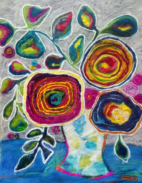 Wool Painting Fiber Art, Needle Felting Pictures Wall Hangings, Dry Felting Pictures, Abstract Needle Felting, Wool Paintings Needle Felting, Needle Felt Painting, Needle Felting Pictures, Felt Collage, Yarn Painting Art