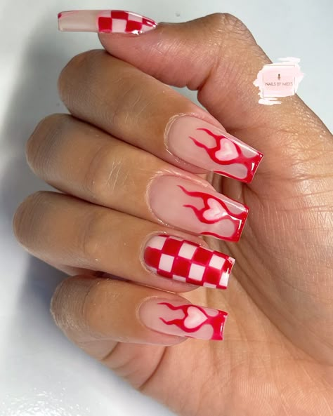 Heart Fire Nail Art, Heart And Flame Nails, Fire Heart Nail Design, Flame Valentines Nails, Valentines Flame Nails, Fire Themed Nails, Heart Flames Nails, Pink And Red Flame Nails, Flaming Heart Nails