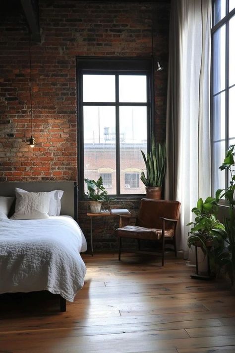 "Transform your bedroom into an edgy, urban retreat with Industrial Chic Decor! 🛏️🏭 Ideal for adding a touch of rugged elegance to your space. 🌿✨ #IndustrialStyle #BedroomDesign #ChicLiving" Bedroom Decor Industrial Modern, Urban Loft Bedroom, Industrial Master Bedrooms Decor, Urban Chic Interior Design, Industrial Hotel Room, Industrial Chic Bedroom, Industrial Style Apartment, Brick Wall Apartment, Loft Apartment Bedroom