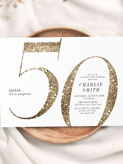 Modern minimalist faux gold glitter 50th birthday invitation #birthday #happybirthday #birthdaycards #birthdayparty #50thbirthday #fiftybirthday #turningfifty #elegant Invitation Card Design 50 Birthday, Minimalistic Birthday Invitation, White And Gold Invitation Card, 50th Birthday Invites Women, 50 Birthday Invitation For Women, 50th Birthday Invitations For Women, Birthday Invitation Card Design, Gold Birthday Invitations, 50th Birthday Invite