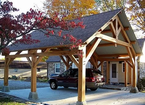 Dream House Checklist - Finding Mandee Attached Carport, Timber Frame Pavilion, Covered Parking, Carport Plans, Carport Garage, Patio Pergola, Carport Designs, Timber Frame Homes, Pergola Patio