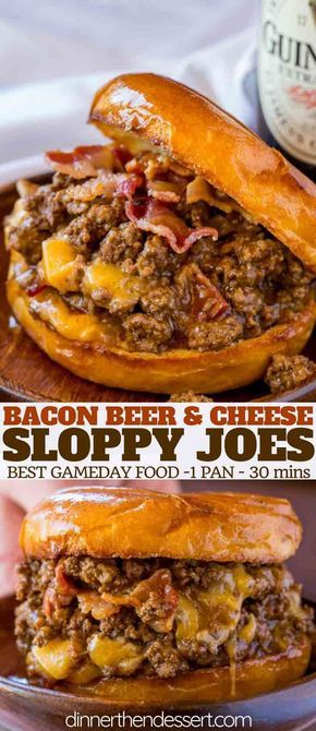 Bacon, Beer and Cheese Sloppy Joes are the perfect gameday food for a crowd with a Guinness sauce and sharp cheddar cheese filling. #bacon #beer #cheese #sloppyjoes #dinnerthendessert #weeknightmeals #gameday Dinner Recipes To Change It Up, Cheese Sloppy Joes, Comfy Food, Beer Bacon, Grab Food, Sloppy Joes Recipe, Diner Recept, Dinner Night, Beer Cheese