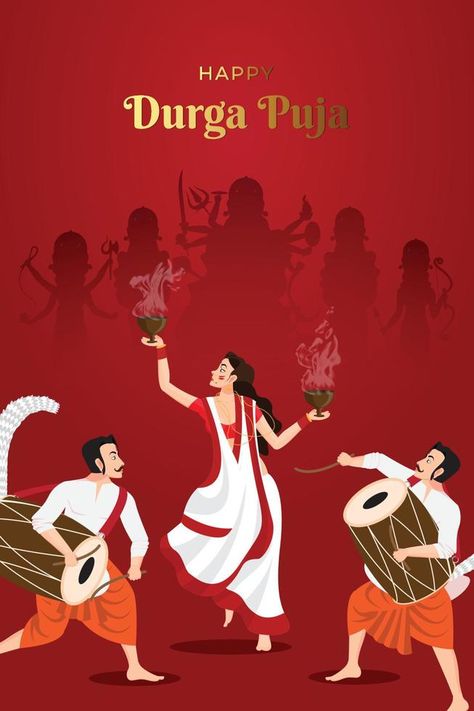 Durga Puja Celebration Drawing, Durga Puja Animation, Durga Puja Creative Poster, Creative Navratri Poster Design, Durga Puja Elements, Navratri Poster Creative, Durga Pooja Creative Ads, Maa Durga Illustration, Durga Puja Poster Design