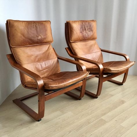 For sale: Pair of Vintage Cognaс Leather Poäng Chairs by Noboru Nakamura for IKEA, 1999 Pello Ikea, Ikea Chair Cover, Poang Chair, Ikea Poang Chair, Vintage Ikea, Log Cabin Ideas, Ikea Chair, Beach Chair Umbrella, Leather Chairs