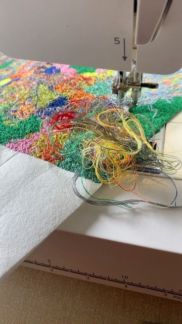 JPR_Stitch (Dr. Jack Roberts) on Instagram: "As this piece is made of left-over scrap threads, whilst I am working on it, if I get any off cuts of thread or any bits of thread left at the end of bobbins or reels, these scraps also get added back into the piece – usually they fill any holes. No left-over threads go to waste! And yes, for those of you who noticed, I use a scalpel when sewing rather than scissors. #Embroideryaddict #Britishstitchers #Britishartist #Abstractembroidery #Moderne Scrap Thread Ideas, Thread Scraps, Recycled Fabric Art, Upcycling Fabric, Embroidery Bobbins, Freehand Machine Embroidery, Fabric Painting Techniques, Textile Art Embroidery, Abstract Embroidery