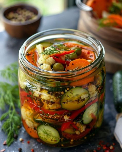 Crunchy Garden Pickle Medley! Mushroom Pickle Recipe, Pickling Aesthetic, Homemade Pickled Vegetables, Canning Pickled Veggies, Pickled Recipes Canning, Canned Pickled Vegetables, Picked Vegetables Recipes, Mediterranean Pickled Vegetables, Easy Pickled Vegetables