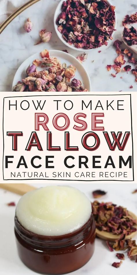 DIY Rose Tallow Face Cream recipe, natural skin care Natural Homemade Face Moisturizer, Lamb Tallow Recipes, Homemade Skin Cream Recipes, Diy Skin Firming Cream, Natural Skin Moisturizer Face, Colloidal Oatmeal Lotion Diy, Tallow Face Cream Before And After, Beef Tallow Moisturizer Recipe, Whipped Tallow Face Cream Diy