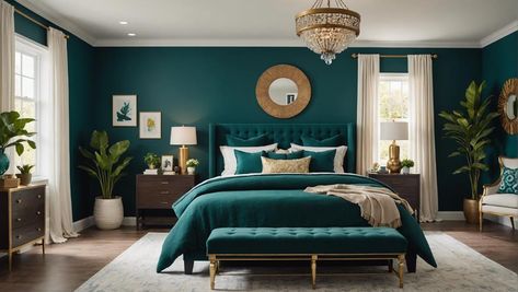 10 Tips to Create a Stunning Dark Teal Bedroom - DexDecor Peacock Blue Bedroom Walls, Teal Bedroom Accent Wall, Teal Wall Bedroom Ideas, Teal Bedroom Accents, Dark Turquoise Bedroom, Teal Wall Bedroom, Dark Teal Curtains, Accent Wall Bedroom Wallpaper, Teal And Gold Bedroom