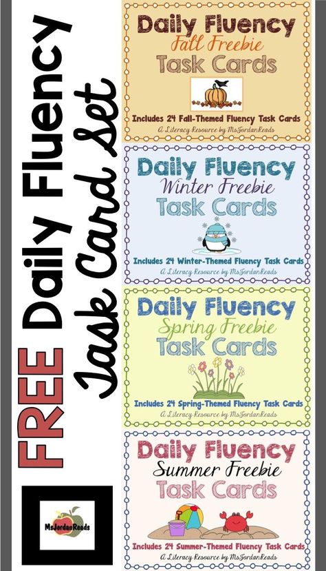 FREE Daily Fluency Task Card Set -- 24 seasonal task cards in each set to reinforce the different components of FLUENCY throughout the year (@MsJordanReads) Iep Bins, Fluency Task Cards, Reading Fluency Activities, Cards Teacher, Improve Reading Skills, Fluency Activities, Reading Task Cards, 4th Grade Reading, Task Card