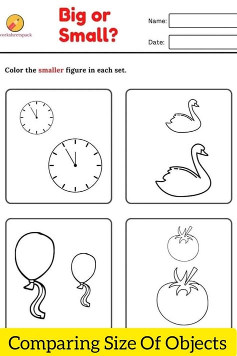 Introduce comparative terms such as heavier, lighter, bigger, smaller, longer, and shorter in this worksheet. Big And Small Worksheets, Colours Name For Kids, Worksheets For Playgroup, Easy Math Worksheets, Preschool Math Centers, Kindergarten Math Worksheets Addition, Shape Worksheets For Preschool, Tall And Short, Fun Worksheets For Kids