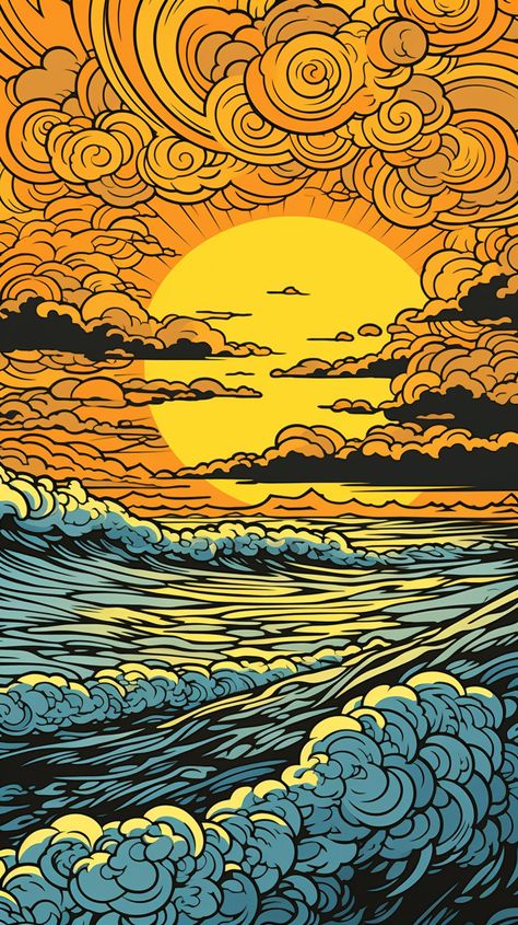 Experience the vibrant dance of sunset and waves on your iPhone and Android screens. This artwork brings a surreal twist to nature's beauty, perfect for those who love to stand out 🌊🎨 Ocean Inspired Drawings, Sun Drawing Design, Surreal Wallpaper, Retro Drawings, Sunset And Waves, Wave Artwork, Retro Surf Art, Wave Drawing, Sunset Artwork