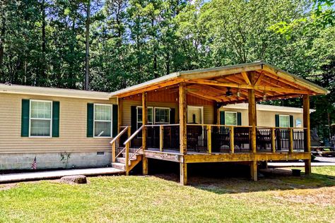 Under Porch Dog Area, Porch On A Mobile Home, Deck With Porch, Double Wide Front Porch, Doublewide Porch Ideas, Double Wide Porch Ideas, Double Wide Front Porch Ideas, Mobile Home Porch Ideas, Wide Front Porch