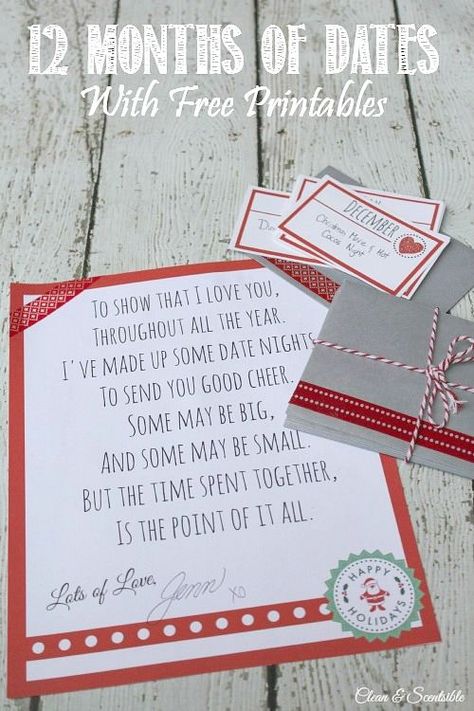 This is such a great Christmas gift idea!  Put together 12 date nights - one for each month of the year and put them into monthly envelopes.  This would be great to do with your spouse but would also be a fun idea for your kids or a close friend! 12 Months Of Dates, Dates Ideas, Meaningful Christmas Gifts, Meaningful Christmas, My Funny Valentine, Diy Spring, Date Nights, Christmas Gift Idea, Homemade Christmas Gifts