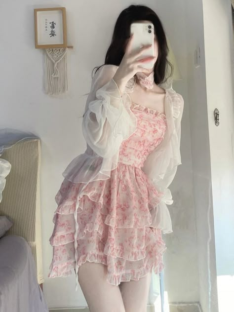 Outfit Picker, Floral Fairy Dress, Summer Dresses Uk, Pink Cottagecore, Floral Fairy, Women Korean Fashion, Choker Dress, Party Mini Dress, Pink Fairy