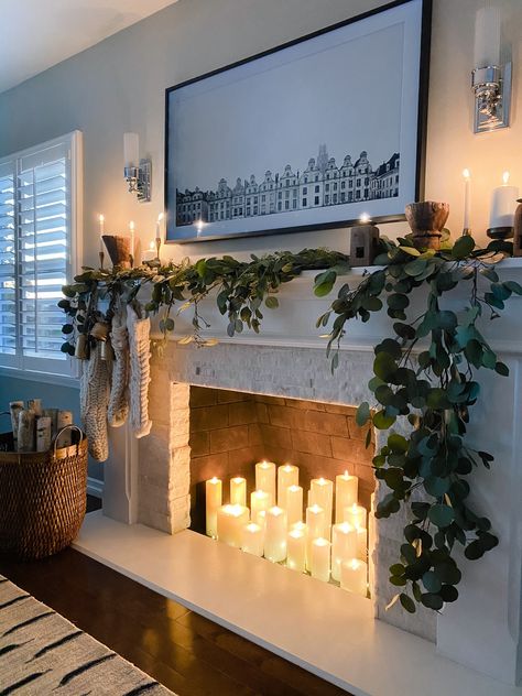 Faux Fireplace Candle Ideas, Faux Fireplace Ideas With Tv, Sealed Fireplace Ideas, Ambient Living Room Lighting, Christmas Fake Fireplace, Unused Fireplace Decor, Nonworking Fireplace Ideas, Fake Mantle Ideas, Fake Fireplace Ideas Living Rooms