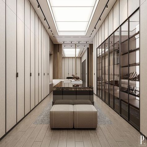 PROLITE on Instagram: "The neutral tone of this walk-in-closet conveys refinement. Clean and serene. Ivory colored wardrobe and soft lighting make an inviting space you’ll want to spend time in. Mr. R Residence Master Walk-in-Closet 📍Surabaya, Indonesia Full Service Interior Design Studio⁣ Surabaya | Jakarta For Business inquiries:⁣ info@prolite-design.com⁣ +62 813-2563-4343 #interior #interiordesign #homedecor #homedesign #furniture #interiorstyling #inspiration #rendering #walkincloset" Wardrobe Lighting Design, Designer Walk In Closet, Neutral Walk In Closet, Contemporary Walk In Wardrobe, Walking Closet Design, Walking Wardrobe Design, Walk In Closet Interior Design, Walk In Closet Lighting, Walk In Closet Modern