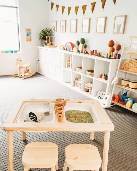 Open Floor Plan Playroom, Ikea Flisat Table, Plastic Embroidery, Flisat Table, Ikea Flisat, Rainbow Rice, Baby Playroom, Montessori Playroom, Montessori Room