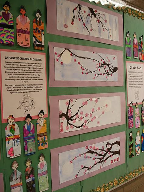 Kimono & Cherry Blossoms--great lesson plans for Japan unit (including a link to a kimono template) Cherry Blossom Painting, 4th Grade Art, 5th Grade Art, 3rd Grade Art, Cherry Blossom Art, Folded Paper, Elementary Art Projects, Blossoms Art, Art Lessons Elementary