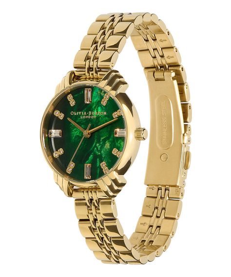 Art Deco 30mm Emerald & Gold Bracelet Watch | Olivia Burton London Green Watches Women, Emerald Watch, Art Deco Aesthetic, The Roaring 20s, Modern Bracelet, Golden Watch, Floral Watches, Elegant Watch, White Dial Watch