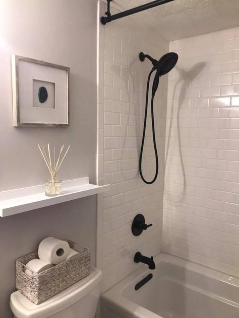 Tub And Shower Faucet Combo, Farmhouse Shower Head, Black Bathroom Shower Head, Delta Shower Faucets, Black Shower Head And Faucet, White Shower Black Fixtures, Black Shower Head Bathroom, Black Shower Heads, Bathroom Matte Black Fixtures