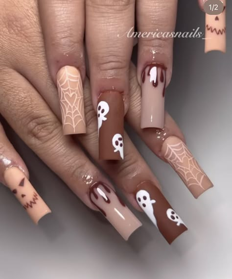 Brown Nails Halloween, Spooky Season Nails Square, Spooky Halloween Nails Medium Length, Spooky Season Nails Simple, Brown Spooky Nails, Halloween Acyrilics Nails, Halloween Nails Square Medium, Fall Nails October, Halloween Neutral Nails