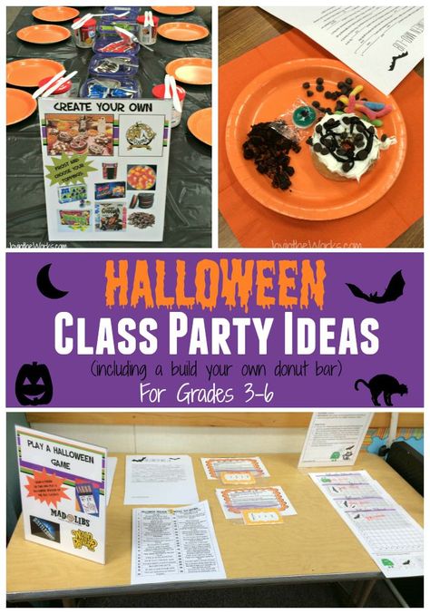 Searching for ideas for a Halloween Class Party for your older elementary students? Check out these activities including a decorate your own donut bar! Great for 3rd, 4th, 5th and 6th grade! Halloween Class Party Ideas, Third Grade Halloween, Class Party Ideas, School Party Games, Halloween Classroom Activities, Classroom Party Games, Classroom Halloween Party, Halloween Class Party, School Halloween Party