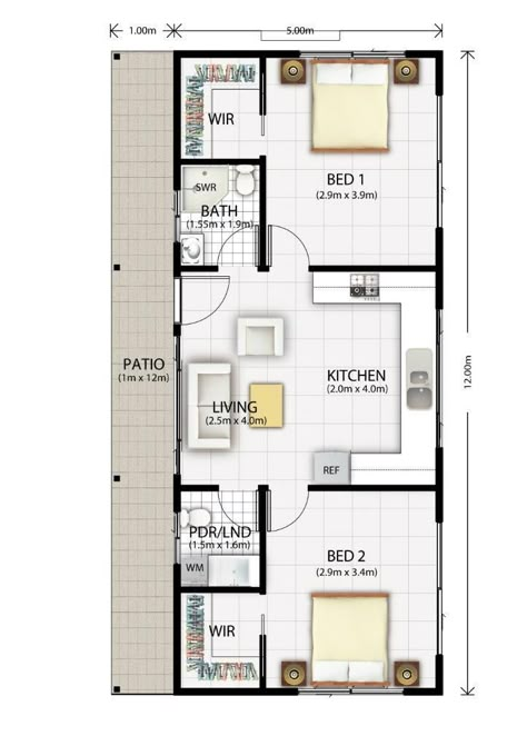 Granny Flat Plans, Flat Plan, Flat Layout, Granny Flats, Bedroom Barndominium, 2 Bedroom House Plans, Small House Floor Plans, Apartment Floor Plans, A Small House