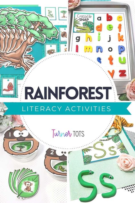 Adventure through the vines and trees, spot exotic animals, and practice literacy skills along the way! Use rainforest theme activities to practice various skills and captivate your learners’ attention. Turner Tots’ rainforest literacy activities cover foundational literacy skills - beginning sounds, an alphabet activity, syllable counting, and letter formation. Don’t miss out on all of the fun! Include these activities in your rainforest ELA unit for preschool this year! Jungle Preschool Activities, Jungle Preschool, Jungle Animals Preschool, Rainforest Preschool, Initial Sound Activities, Preschool Literacy Activities, Preschool Jungle, Rainforest Activities, Stem Activities Preschool