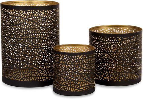 Amazon.com: Lazy Gifts Set of 3 Black and Gold Metal Decorative Hurricane Votive Candle Holders . Elegant Lantern Style Centerpiece - Accents for Weddings Functions and Home décor Room : Home & Kitchen Fireplace Candle, Fireplace Candle Holder, Glass Tealight Candle Holders, Black Candle Holders, Candles In Fireplace, Black Candle, Lantern Candle Decor, Gifts Set, Metal Candle Holders