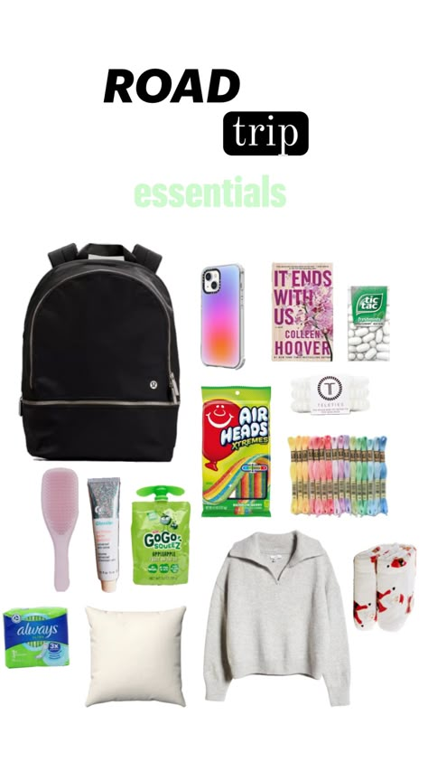 road trip essentials! #roadtrip #cleangirl #vibes #essentials Road Trip Carry On, 3 Hour Road Trip Essentials, 2 Hour Road Trip Essentials, Teen Road Trip Essentials, Road Trip Needs, Road Trip Essentials For Teens, Long Road Trip Essentials, Road Trip Must Haves, Car Trip Essentials