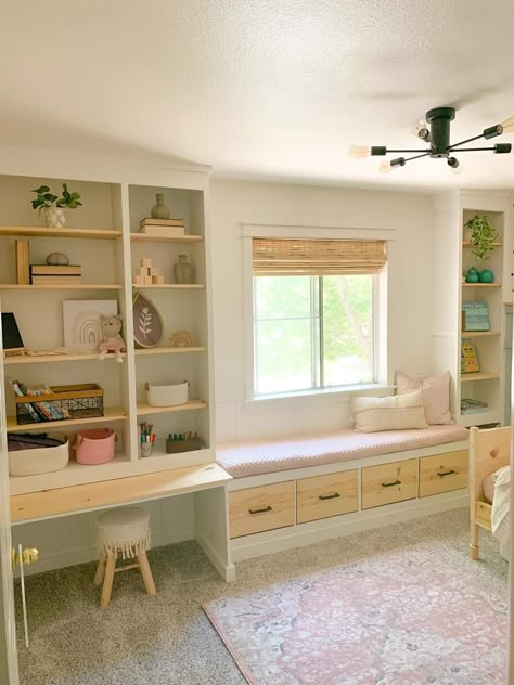 Built In Bookshelves Around Window With Desk, Diy Ikea Hacks Bedroom, Asymmetrical Built Ins Around Window, Small Bedroom Built Ins, Nursery Built Ins, Built In Bookshelves Bedroom, Aspen Bedroom, Fun Home Office, Built In Desk And Shelves